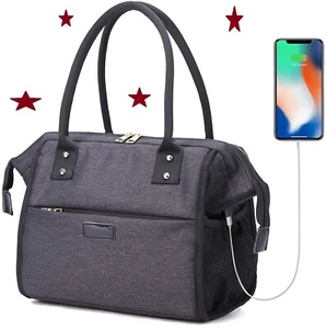 Oxford Lunch Bag Insulated Wide-Open Large Tote USB Charge Port (Black) - Picture 1 of 5