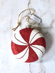 Pottery Barn Glitter Glass Peppermint Christmas Tree Ornament ~ BRAND NEW - Picture 1 of 7