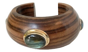 BRANCH ROSEWOOD JEWELLERY CURVED WOOD CUFF WITH GOLD & LABRADORITE GEMSTONES