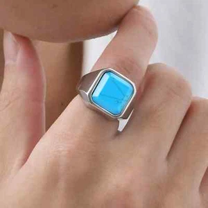 Tibetan Turquoise Mens Engagement Ring, 925 Solid Silver, Best Gift For Father - Picture 1 of 6