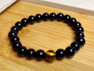 8MM Genuine A++ Black Obsidian Round Beads Stretchable Bracelet 6-9" Men Woman - Image 1 of 4