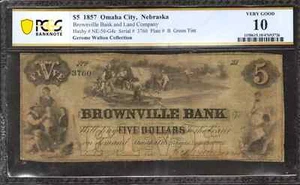 1857 $5 BROWNVILLE BANK & LAND CO OMAHA NEBRASKA NOTE GREEN TINT PCGS 10 VG (726 - Picture 1 of 2