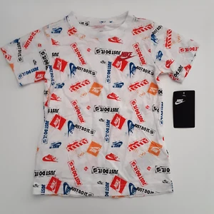 Nike Boys Size 6 All Over Print T-Shirt Short Sleeve Just Do It White Multi Tee - Picture 1 of 7