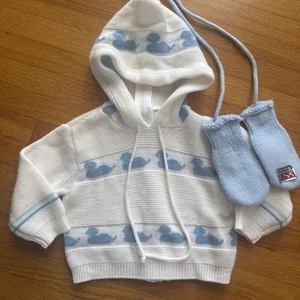 Vtg Knit Sweater Duck Boy 6-9 Months Baby Blue White Hooded Cardigan Mittens USA - Picture 1 of 10