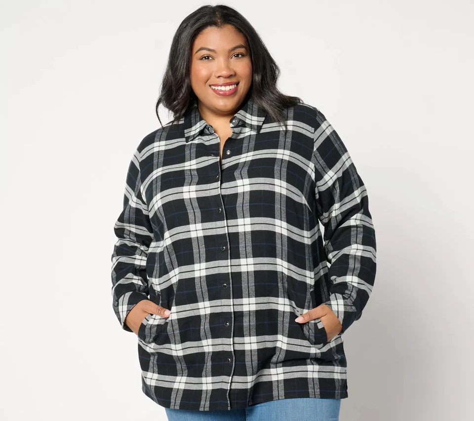 Camisa Joan Rivers Classics Collection xadrez de algodão regular frente preta XXS - Imagem 1 de 1