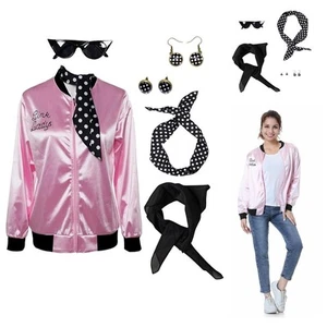 Grease Pink Ladies Cosplay Adult Satin Coat Costume Retro Halloween Jacket suit - Picture 1 of 24