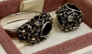 Pandora Diamond Dew Drops On Flowers 14ct T/T Charm And Ring Size 60 Black Onyx - Picture 1 of 21
