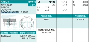 PISTON SET CHEVROLET AVEO-II E-TEC II 16V  FOR DAEWOO 1.6 LTR  (WITHOUT RINGS) - Picture 1 of 1