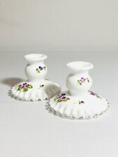 Fenton Silver Crest Hand Painted Violets in the Snow Two Piece Candle Holder Set