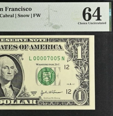 2003A $1 Federal Reserve Note PMG 64 wanted birthday low serial number 7005 - Image 1 of 3