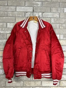 Vintage 70s 80s Red Bomber Button Down Jacket Size Small Satin Worn Used Vtg - Picture 1 of 15