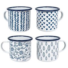 Set of 4 Vintage Enamelware Enamel  Mug Cup Blue Trimmed Camping Mugs Country