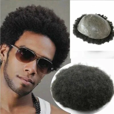 Human Hair Afro Curly Toupee Top Skin Base Hairpiece Kinky Replacement Men Wig - Image 1 of 4