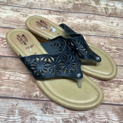 Spring Step Sandal Women's US 10 EU 41 Black Cut Out Wedge Thong Slip On Leather - Image 1 of 4