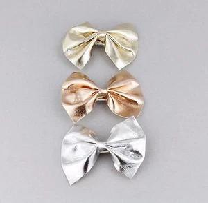 3 faux leather bow barrette metal hair clip 2.5" wide Silver Rose Gold set of 3 - Picture 1 of 4