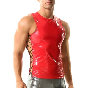 Mens Glossy PU Leather Tank Tops Vest Side Lace-up Latex Sleeveless Undershirts - Bild 1 von 9