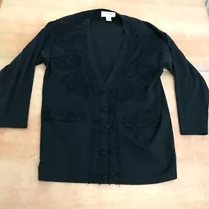 Lisa Ashley Jacket Women Size Medium Black Bead Floral Button Up Long Sleeve - Picture 1 of 12