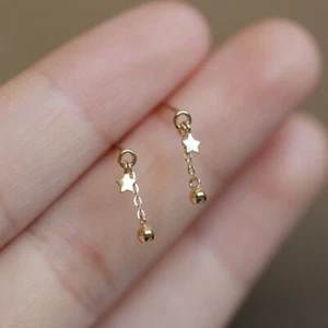Dangle Drop Earrings Tiny Star Chain Dainty Elegant Present Gift UK - Picture 1 of 9