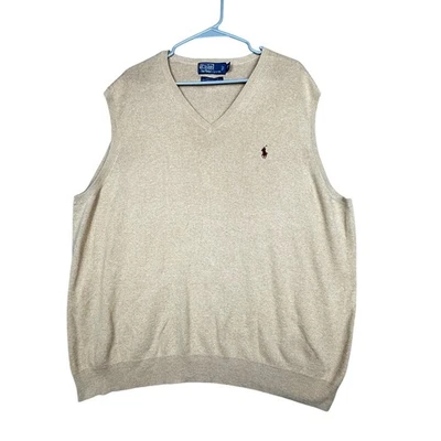 Polo Ralph Lauren Mens V Neck Sweater Vest Tan Big & Tall 2XB Pima Cotton - Image 1 of 4
