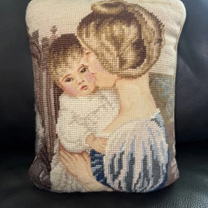 Vintage cottagecore beige brown women & child small needlepoint pillow 9" - Picture 1 of 12