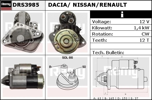 Fits NISSAN , RENAULT, DACIA, MERCEDES BENZ Starter Motor 2009-On - DRS3985 - Image 1 of 1