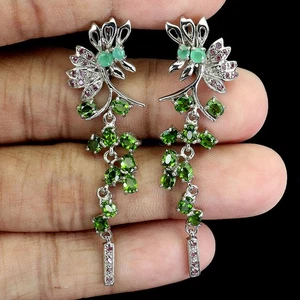 925 Sterling Silver Earrings Oval Chrome Diopside 4x3mm Emerald Gemstone Jewelry - Picture 1 of 14