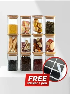 12pcs Spice Jar Set Glass Storage Jars Airtight Bamboo Lid Kitchen Food Storage - Picture 1 of 6