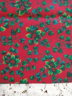 Christmas Floral Ivy & Holly on Red VTG Cotton Quilt Fabric 18x22" BTFQ - Image 1 of 3