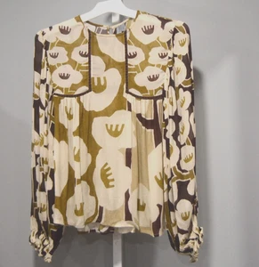 bl^nk London XXS beige transparentes Babydoll Oberteil Ballonärmel Viskose geometrisches Muster - Bild 1 von 3