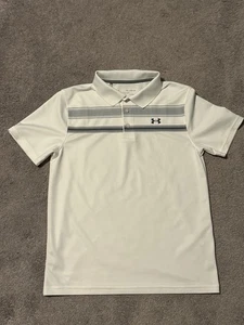 Camisa polo Under Armour manga corta para niños - blanca con rayas - talla YXL - USADA EN EXCELENTE ESTADO - Imagen 1 de 3
