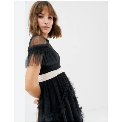 NEEDLE & THREAD Talla 12 EE. UU. 16 Reino Unido Vestido Patinador Tul Negro Detalle Fruncido Corbata Rosa Foto 1 de 4