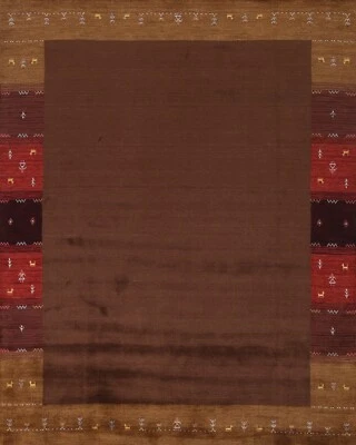 Alfombra tribal Gabbeh marrón con bordes 8'x10' lana anudada a mano alfombra de sala de estar Foto 1 de 4