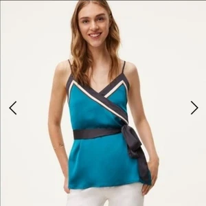 LOFT Top S Teal Blue l Borderline Faux Wrap Belted Cami Silky Spaghetti Straps - Picture 1 of 10