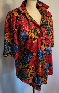 Women's Hawaiian Shirt Red Floral Sz L -Shoulder Pads- Retro ☆Vintage 80s☆ - Picture 1 of 9