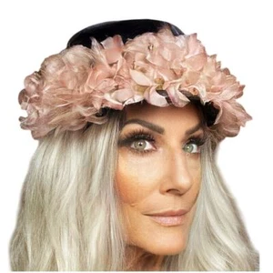 VTG Womens NORMAN DURAND ORIGINAL Bucket Hat + Box Blue Straw Pink Flowers 50s - Picture 1 of 7