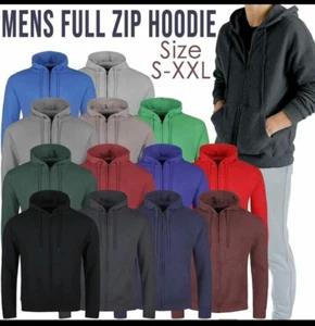 Mens Full Zip Up Plain Hooded Hoodie Adult Fleece Zipper Hoody Top UK - Picture 1 of 6
