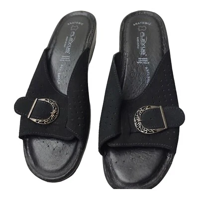 Flexus Shoes Womens Navy Black Suede Sandals Leather Slip On Slides Wedge Sz 9.5 - Image 1 of 4