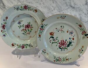 Chinese Export Celadon Famille Rose Pair Plate Soup 19th Century
