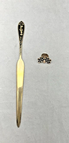Vintage Indianapolis 500 Indy Racing Silver Letter Opener & Checkered Flag Pin Cover