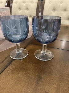 2 PCs- Vintage Blue Iridescent Crystal Wine Glass Goblet with Silver Stars - Picture 1 of 9