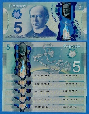 Canada $5 2013 P106c / BC-69c UNC Polymer Note 🎂 Birthday Serials HCZ1987161-6 - Image 1 of 4