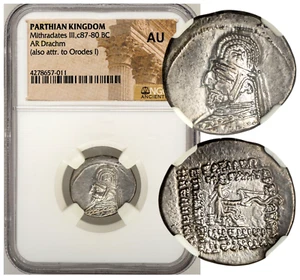 Parthian Kingdom. Mithradates III 87-80 BC AR Drachm, NGC AU - Picture 1 of 6