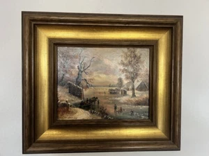 Gemälde sign. Werner Zapf Winterlandschaft Malerei Schlittschuhlauf am See - Bild 1 von 9