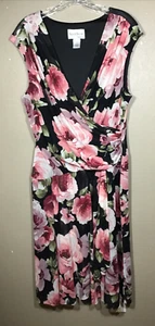 Prendisole donna stile nord taglia 16 floreale elasticizzato surplice midi nero e rosa C2 - Foto 1 di 12