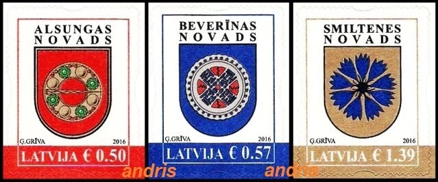 Latvia 2016 (02) Coat of Arms - Districts of Alsunga, Beverina, Smiltene - Image 1 of 1