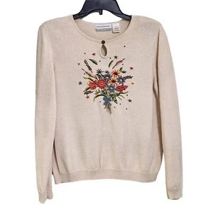 Alfred Dunner sweater vintage Cottagecore beige embroidered wild flower Mp - Picture 1 of 4