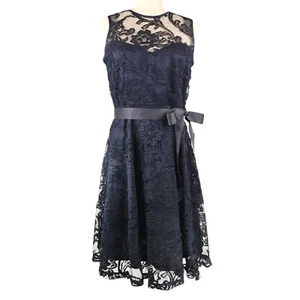 Dress Barn Sleeveless Lace A-Line Dress 10 Petite Navy Blue Midi Cocktail Party - Picture 1 of 18