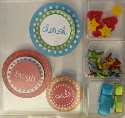 SMILE CARD ASSORTMENT (25+pc)Stickers•Ribbon•Brads •Buttons•Laugh•Cherish•Stars• - Image 1 of 4