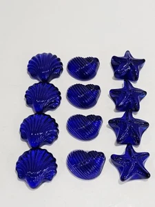 Vintage Cobalt Blue Glass Nautical Decor 12 Shells & Starfish Beach Tropical - Picture 1 of 15