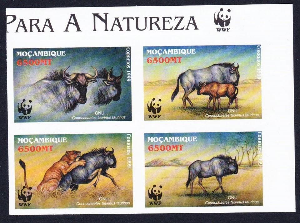 Mozambique WWF Ñus Azul T2 Imperf Bloque de 4 WWF Logo 2000 MNH Foto 1 de 1